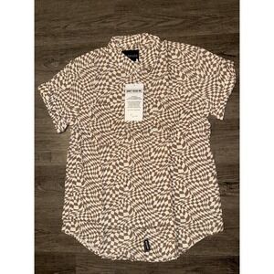 Wildfang Dizzy Check Button Up Shirt S Short Sleeve White Tan Retro